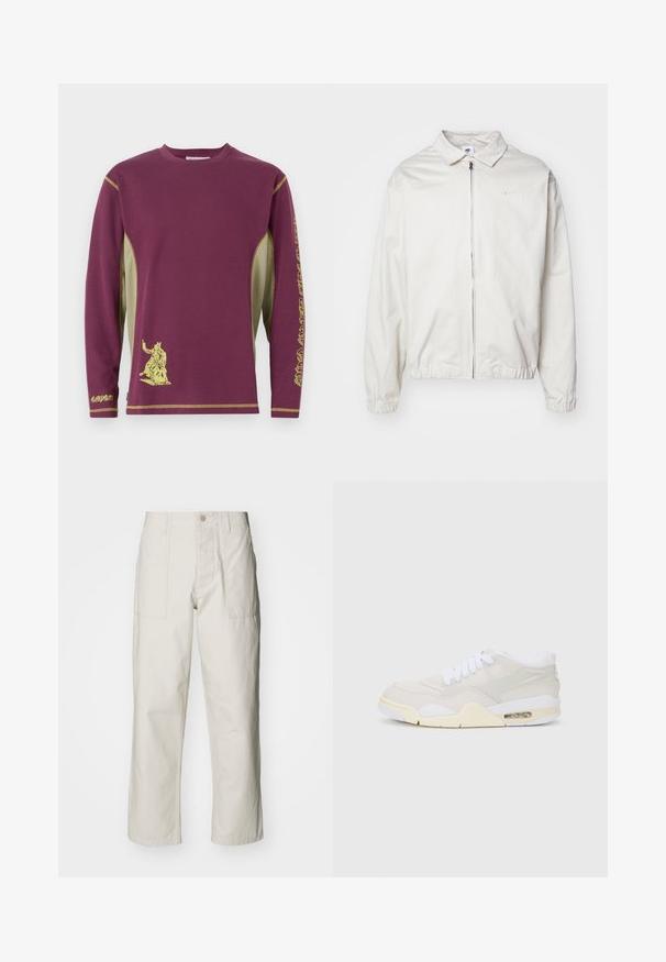 Giacca Nike bianca, leggera, con colletto, zip frontale, polsini elasticizzati e un piccolo logo sul lato sinistro del petto. Texture liscia.; Maglietta a maniche lunghe color bordeaux con dettagli gialli, caratterizzata da una stampa grafica e pannelli laterali in rete per texture e traspirabilità.; Pantaloni a gamba larga beige chiaro in cotone. Presentano tasche frontali e chiusura con bottone. Tessuto liscio con sottili linee verticali.; Sneaker con una toma superiore sintetica beige chiaro, lacci bianchi e ammortizzazione visibile. Presenta una suola liscia e accenti laterali discreti.