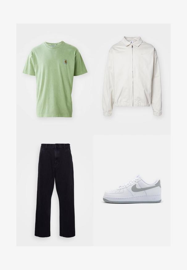 Valge, kerge Nike jakk, milles on krae, ees lukk, elastsed mansetid ja väike logo vasakul rinnal. Sile tekstuur.; Hele roheline puuvillane T-särk, millel on ümmargune kaelus, lühikesed varrukad ja väike ruudukujuline logopatch vasakul rinnal. Pehme tekstuur.; Mustad denimitüüpi püksid otse lõikega, varustatud nööbi ja tõmbluku kinnitusega, vöörihmadega ning minimaalsete õmbluse detailidega.; Valged nahast tossud, millel on hall Swoosh logo, perforatsiooniga varvas ja kummist välispinna tekstuur. Lühike pahkl kõrgus.