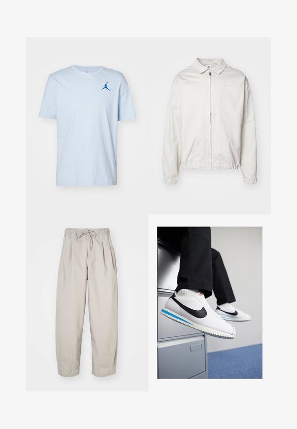 Balta, lengva Nike striukė su apykakle, priekiniais užtrauktuku, elastingomis rankogaliais ir maža logotipu kairiajame krūtinės kampe. Lygus paviršius.; Šviesiai mėlynas medvilninis marškinėliai su trumpomis rankovėmis ir apvaliu iškirpimu. Kairėje krūtinės pusėje yra mėlynai siuvinėtas Jumpman logotipas.; Šviesiai rudi, lengvi kelnių su elastine juosta ir raišteliu. Turintys klostes ir laisvą siluetą, pagaminti iš minkštos, glotnios medžiagos.; Baltos odinės sportbačiai su juodu Nike logotipu, šviesiai mėlyna ir pilka guma padais bei klasikiniu raištelių dizainu. Kojos remiasi į dokumentų spintą.