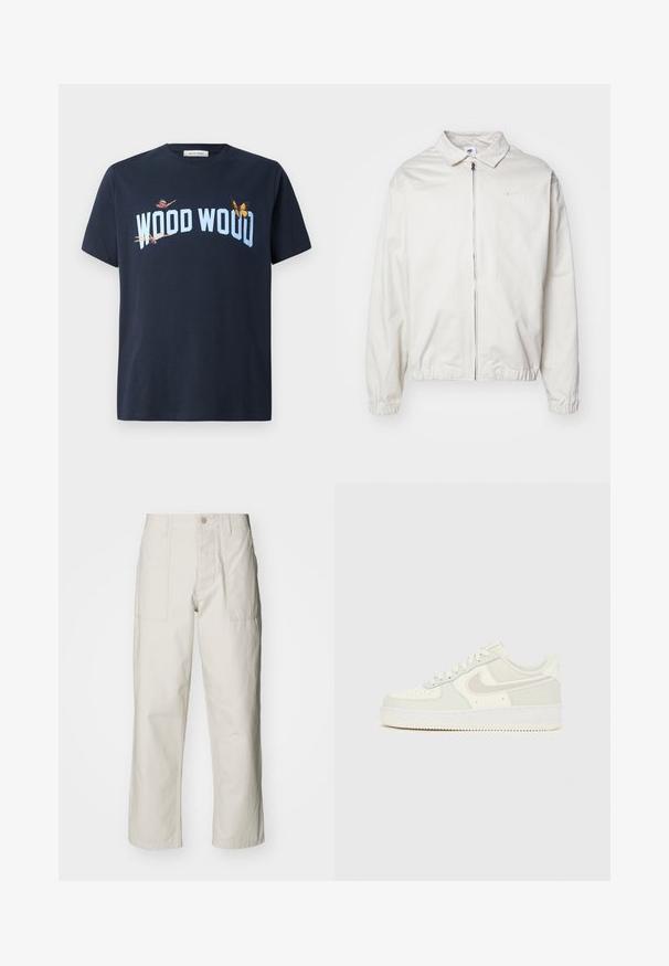 Casaco Nike branco e leve, com gola, fecho frontal, punhos elásticos e um pequeno logótipo no lado esquerdo do peito. Textura suave.; T-shirt de algodão azul-marinho com o texto "WOOD WOOD" em azul claro, com desenhos de borboletas em várias cores na parte da frente. Com mangas curtas e gola redonda.; Calças largas em bege claro, feitas de algodão. Apresentam bolsos frontais e fecho com botão. Textura suave com linhas verticais subtis.; Ténis Nike Air Force 1 brancos com parte superior em pele lisa, detalhes cinza claro, perfurações no bico e sola de borracha texturada.