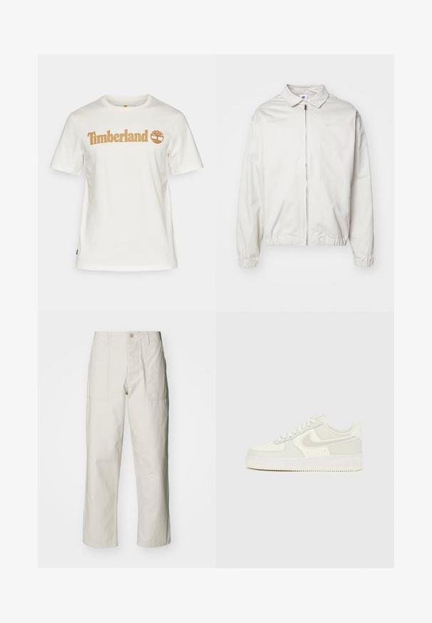 Bela, lahka Nike jakna z ovratnikom, sprednjim zadrgo, elastičnimi manšetami in majhnim logotipom na levem prsnem delu. Gladka tekstura.; Bela bombažna majica s kratkimi rokavi in okroglim izrezom. Ima logotip "Timberland" v svetlo rjavi barvi z grafiko drevesa.; Svetlo bež široke hlače iz bombaža. Imajo sprednje žepe in gumbasto zapiranje. Gladka tekstura z subtilnimi navpičnimi črtami.; Beli Nike Air Force 1 superge z gladkim usnjem, svetlo sivimi poudarki, luknjicami na prstu in teksturirano gumijasto podplato.