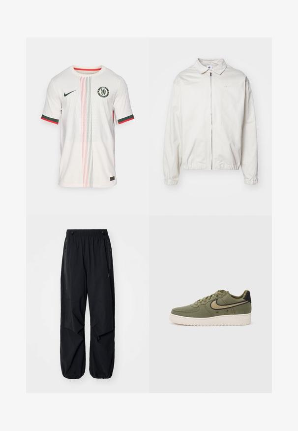 Giacca Nike bianca, leggera, con colletto, zip frontale, polsini elasticizzati e un piccolo logo sul lato sinistro del petto. Texture liscia.; Maglia da calcio bianca con un pattern testurizzato, caratterizzata da strisce verdi e rosse, collo rotondo, maniche corte e logo del Chelsea FC sul petto.; Pantaloni cargo leggeri neri con elastico in vita, zip laterali e tasche ampie. Caratterizzati da una vestibilità comoda e fondi a gamba affusolata.; Sneaker in tela verde oliva con accenti neri, caratterizzato da un design con lacci, colletto imbottito e suola testurizzata con marchio “AIR”.