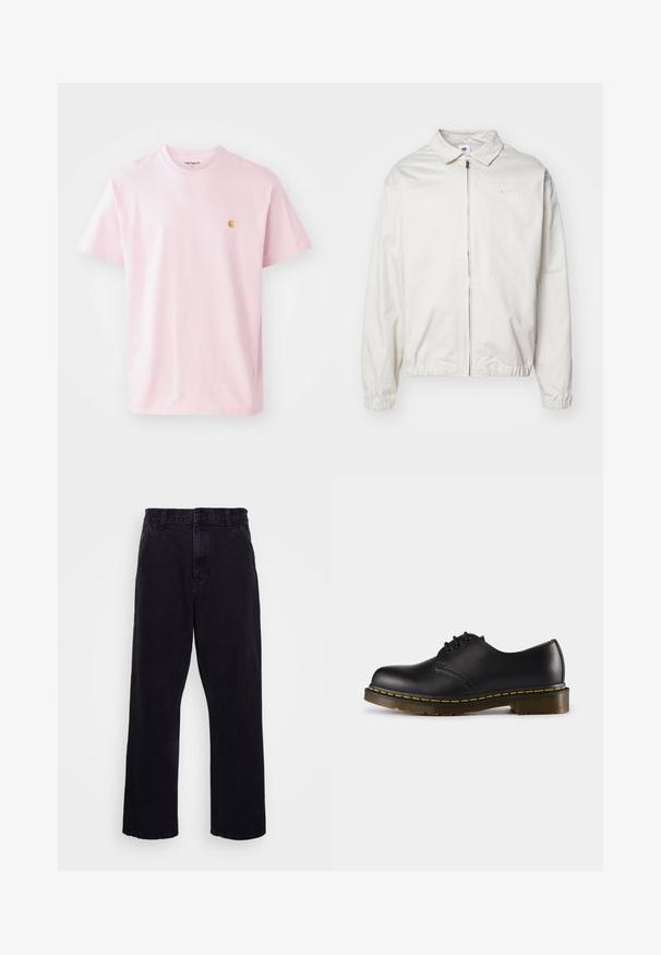 Balta, viegla Nike jaka ar apkakles kaklu, priekšējo rāvējslēdzēju, elastīgām piedurknēm un mazu logotipu kreisajā krūtī. Gluda tekstūra.; Gaiši rozā kokvilnas T-krekls ar īsām piedurknēm, apaļu kakla izgriezumu un mazu dzeltenu logotipu kreisajā krūšu pusē. Gluda tekstūra, neformīga piegriezuma.; Melnu džinsu bikses ar taisnu kāju dizainu, ar pogu un rāvējslēdzēju, jostu cilpām un minimālu šuvju detaļām.; Melna ādas kurpe ar noapaļotu purngali, šņorēšanas dizains, dzeltena šuvju līnija gar zoli un masīva, teksturēta gumijas zole.