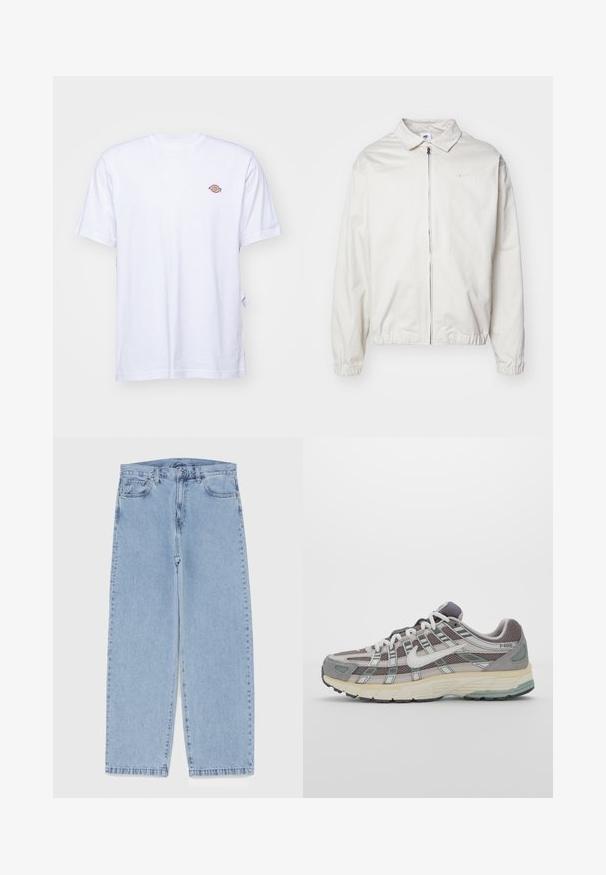 White, lightweight Nike jacket with a collared neckline, front zipper, elastic cuffs, and a small logo on the left chest. Smooth texture.; White cotton t-shirt with a v-neck and short sleeves. Features a small colorful embroidered logo on the left chest. Soft texture.; Light blue denim jeans with straight leg design, featuring a mid-rise waist, five pockets, and a button and zipper closure.; Gray athletic shoe featuring a mesh and suede upper, white accents, a cushioned sole, and a distinctive design with reflective elements.