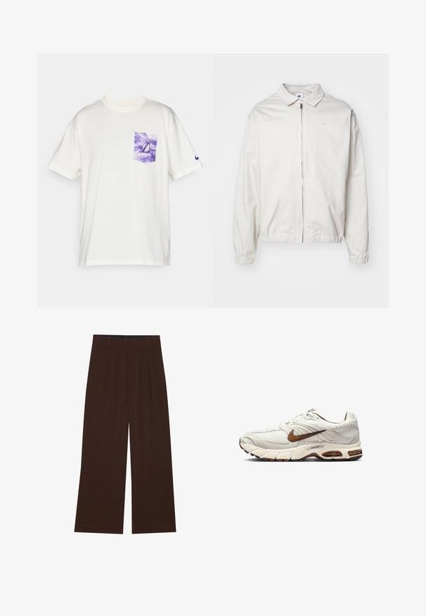 Fehér, könnyű Nike dzseki, galléros nyakkal, elöl cipzárral, elasztikus mandzsettákkal és kis logóval a bal melle részén. Simaszerű textúra.; Fehér, rövid ujjú pamut póló, lila batikolt mellzsebbel és egy kis lila logóval az ujjon.; Barna, széles lábú nadrág, plisszézett részleggel. Simább anyagból készült, szabott derékkal és oldalsó zsebekkel rendelkezik. Lapos szegéllyel az alsó részen.; Nike sportcipők tört fehér színben, textúrázott hálós felsőrésszel, barna részletekkel és párnázott talppal. Könnyű kivitel, lekerekített orr és fűzős záródás jellemzi.