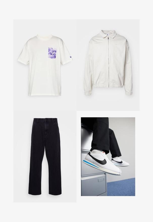 Witte, lichte Nike-jack met een kraag, een rits aan de voorkant, elastische manchetten en een klein logo op de linkerkant van de borst. Glad oppervlak.; Witte katoen t-shirt met korte mouwen, voorzien van een paarse tie-dye borstzak en een klein paars logo op de mouw.; Zwarte denim broek met een rechte pijpdesign, voorzien van een knoop- en ritssluiting, riemlussen en minimale stikdetails.; Witte leren sneakers met een zwarte Nike swoosh, lichtblauwe en grijze rubberen zool, en een klassiek vetersluiting ontwerp. Voeten rustend op een archiefkast.