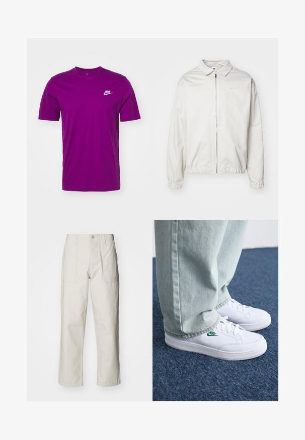 Giacca Nike bianca, leggera, con colletto, zip frontale, polsini elasticizzati e un piccolo logo sul lato sinistro del petto. Texture liscia.; Nike Sportswear CLUB TEE - T-shirt basic - viotech; Pantaloni a gamba larga beige chiaro in cotone. Presentano tasche frontali e chiusura con bottone. Tessuto liscio con sottili linee verticali.; Sneakers in pelle bianca con logo Nike verde, punta rotonda, suola piatta, abbinati a pantaloni in denim azzurro, mostrati su un tappeto blu.