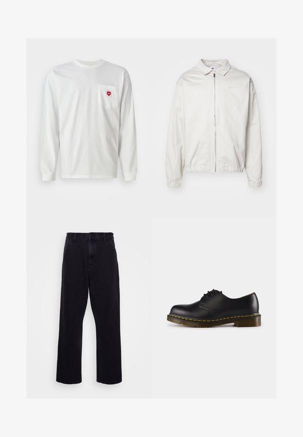 Bela, lahka Nike jakna z ovratnikom, sprednjim zadrgo, elastičnimi manšetami in majhnim logotipom na levem prsnem delu. Gladka tekstura.; Bela majica s dolgimi rokavi iz bombaža, ki ima žep na levi strani prsi z rdečim srčnim aplikacijam. Klasičen kroj s krožnim izrezom in rebrastimi manšetami.; Črne denim hlače s ravnim krojem, z gumbom in zadrgo, pasom za obleko ter minimalnimi šivi.; Črn usnjen čevelj z zaobljenim nosom, zavezovanje z vezalkami, rumena šivanka ob podplatu in masiven, teksturiran gumijast podplat.