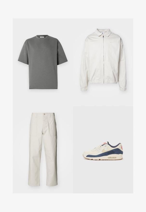 Weiße, leichte Nike-Jacke mit kragenförmigem Ausschnitt, Reißverschluss vorne, elastischen Bündchen und einem kleinen Logo auf der linken Brust. Glatte Textur.; Graues T-Shirt mit kurzen Ärmeln aus weicher Baumwolle, mit rundem Halsausschnitt und entspanntem Schnitt, versehen mit minimalen Nähten.; Helle beige weit geschnittene Hose aus Baumwolle. Verfügt über Fronttaschen und einen Knopfverschluss. Glatte Textur mit dezenten vertikalen Streifen.; Sneaker mit einem Obermaterial aus cremefarbenem Leder und marineblauem Wildleder, sichtbar luftgefüllter Sohle, beiger Gummisohle und rotem Akzent an der Ferse.