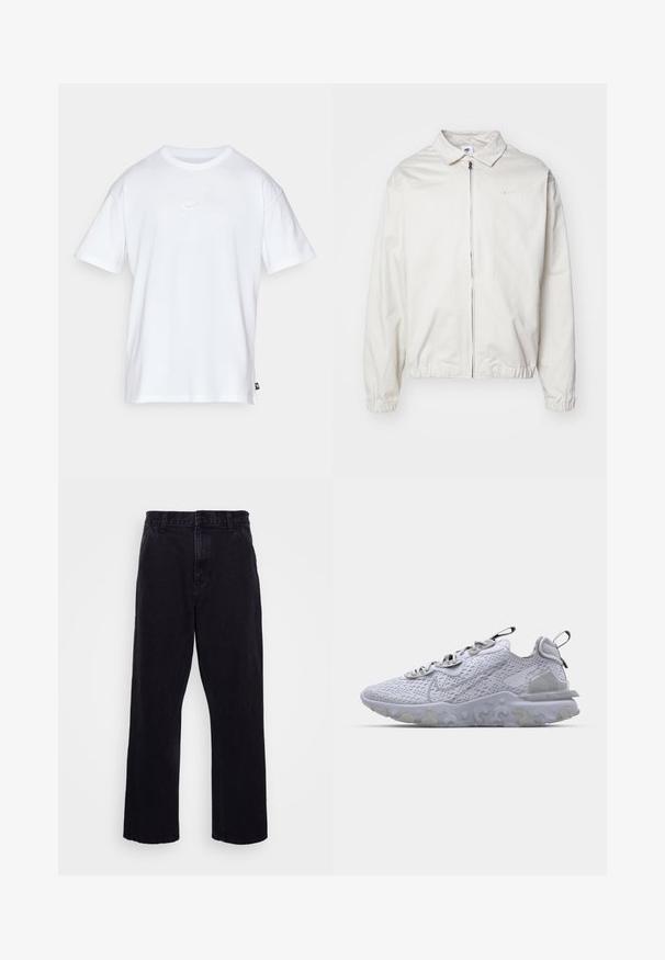 Casaco Nike branco e leve, com gola, fecho frontal, punhos elásticos e um pequeno logótipo no lado esquerdo do peito. Textura suave.; T-shirt de algodão branco com mangas curtas e decote redondo. Apresenta um pequeno e discreto logótipo da Nike no peito e uma etiqueta lateral.; Calças de denim pretas com um design de perna reta, apresentando um fecho de botão e zíper, passantes para cinto e detalhes de costura mínimos.; Shoe atlético cinza claro com um cabedal em malha respirável, sola de borracha texturizada e detalhes refletivos. Apresenta um colarinho almofadado e um design de atacadores.