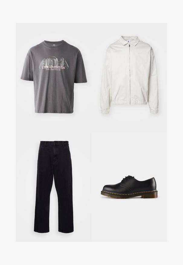 White, lightweight Nike jacket with a collared neckline, front zipper, elastic cuffs, and a small logo on the left chest. Smooth texture.; Gray cotton t-shirt with short sleeves, featuring a glossy "ALPHA STUDIO EDITION" logo in multicolored lettering centered on the front.; Black denim trousers with a straight leg design, featuring a button and zip closure, belt loops, and minimal stitching details.; Black leather shoe with rounded toe, lace-up design, yellow stitching along the sole, and a chunky, textured rubber outsole.