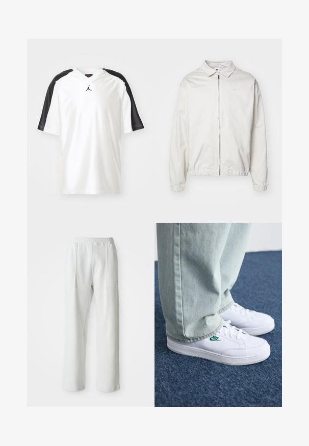 Chaqueta blanca y ligera de Nike con cuello tipo camisa, cremallera frontal, puños elásticos y un pequeño logotipo en el lado izquierdo del pecho. Textura suave.; Camiseta atlética blanca con mangas cortas negras. Presenta un escote en V y un pequeño logo negro en el pecho. Textura suave, corte holgado.; Pantalones casuales blancos con una cinturilla elástica y grandes bolsillos frontales, exhibidos sobre un fondo claro y liso.; Zapatillas de cuero blanco con logo de Nike verde, puntera redonda, suela plana, combinadas con pantalones de mezclilla azul claro, sobre una alfombra azul.