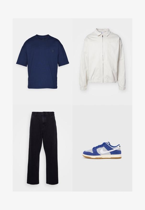 White, lightweight Nike jacket with a collared neckline, front zipper, elastic cuffs, and a small logo on the left chest. Smooth texture.; Navy blue cotton t-shirt with short sleeves, crew neck, relaxed fit, and a small logo patch on the front left. Smooth texture.; Black denim trousers with a straight leg design, featuring a button and zip closure, belt loops, and minimal stitching details.; Blue suede and gray mesh sneaker with white Nike swoosh, round laces, padded collar, and rubber gum sole. Flat stitching detail on upper.