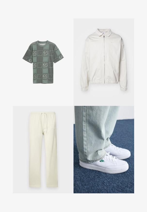 Fehér, könnyű Nike dzseki, galléros nyakkal, elöl cipzárral, elasztikus mandzsettákkal és kis logóval a bal melle részén. Simaszerű textúra.; Zöld mintás póló, puha anyagból készült, geometrikus és paisley minták keverékével, különböző árnyalatokban, négyzetes szakaszokban.; Világos bézs melegítőnadrág megkötős derékkal, puha anyagból készült. Finom fehér Nike logó látható a bal combon.; Fehér bőr sportcipők zöld Nike logóval, kerek orral, lapos talppal, világoskék farmernadrággal párosítva, kék szőnyegen bemutatva.