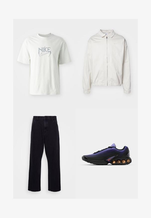 Balta, lengva Nike striukė su apykakle, priekiniais užtrauktuku, elastingomis rankogaliais ir maža logotipu kairiajame krūtinės kampe. Lygus paviršius.; Balta medvilninė marškinėliai su apvaliu dekolte. Centre yra didelis pilkas "Nike" logotipas stilizuotu šriftu. Trumpomis rankovėmis.; Juodi džinsiniai kelnių modeliai su tiesia kojų forma, turintys sagą ir užtrauktuką, diržo kilpos ir minimalūs siuvimo detalės.; Nike Sportswear AIR MAX DN SE - Sportbačiai - medium violet/total orange/voltage purple/black