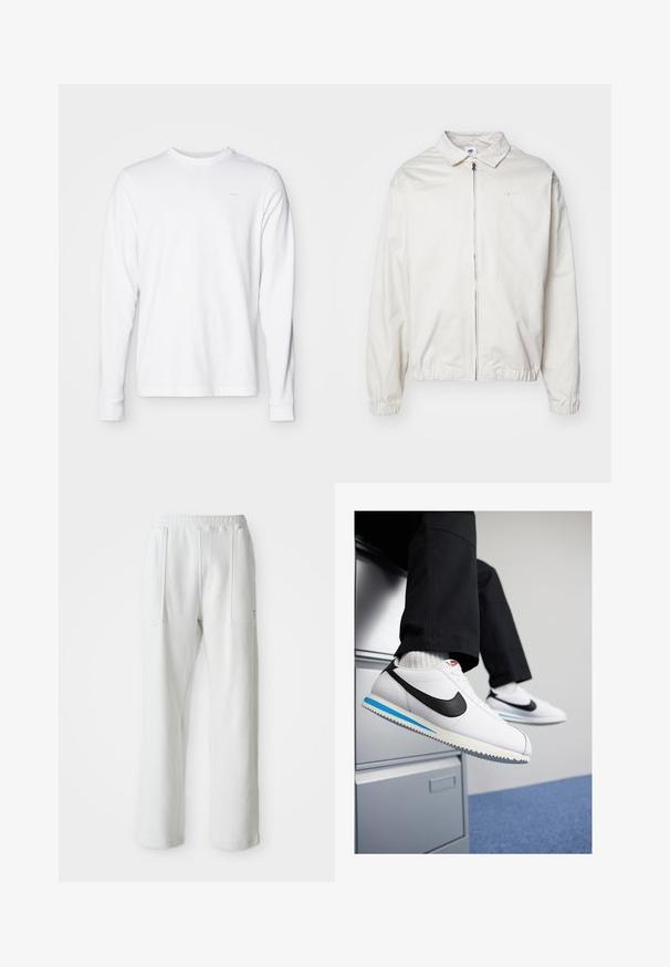 Biała, lekka kurtka Nike z kołnierzykiem, zamek błyskawiczny z przodu, elastycznymi mankietami oraz małym logo na lewej piersi. Gładka faktura.; Biała bawełniana koszulka z długim rękawem, z okrągłym dekoltem, ściągaczami przy nadgarstkach i małym szarym logo na górnej lewej części klatki piersiowej.; Białe, casualowe spodnie z elastycznym pasem i dużymi kieszeniami naszytymi z przodu, prezentowane na jednolitym jasnym tle.; Białe skórzane trampki z czarnym logo Nike, jasnoniebieską i szaro-rubberową podeszwą oraz klasycznym wiązanym zapięciem. Stopy opierające się na szafce na dokumenty.
