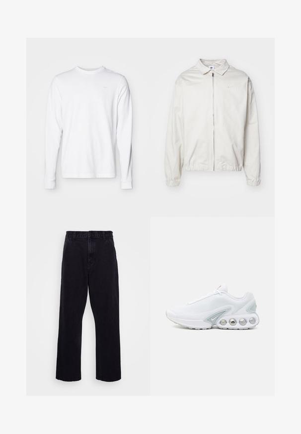 Casaco Nike branco e leve, com gola, fecho frontal, punhos elásticos e um pequeno logótipo no lado esquerdo do peito. Textura suave.; T-shirt de algodão branco de mangas longas com decote redondo, punhos canelados e pequeno logótipo cinza no canto superior esquerdo do peito.; Calças de denim pretas com um design de perna reta, apresentando um fecho de botão e zíper, passantes para cinto e detalhes de costura mínimos.; Sapatilha de malha branca com detalhes cinzas, ponta arredondada e sola acolchoada visível com bolsos de ar circulares e detalhe da marca.