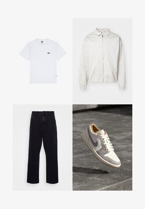 Balta, lengva Nike striukė su apykakle, priekiniais užtrauktuku, elastingomis rankogaliais ir maža logotipu kairiajame krūtinės kampe. Lygus paviršius.; Balta medvilnės marškinėliai trumpomis rankovėmis, su maža juoda logotipu ant krūtinės ir etikete kairiajame apatiniame kampe.; Juodi džinsiniai kelnių modeliai su tiesia kojų forma, turintys sagą ir užtrauktuką, diržo kilpos ir minimalūs siuvimo detalės.; Žemi sportbačiai off-white odos su pilkomis detalėmis. Turi perforuotą pirštų dėklą, baltus raištelius ir gumos gumą. Raudonas logotipas ant kulno.