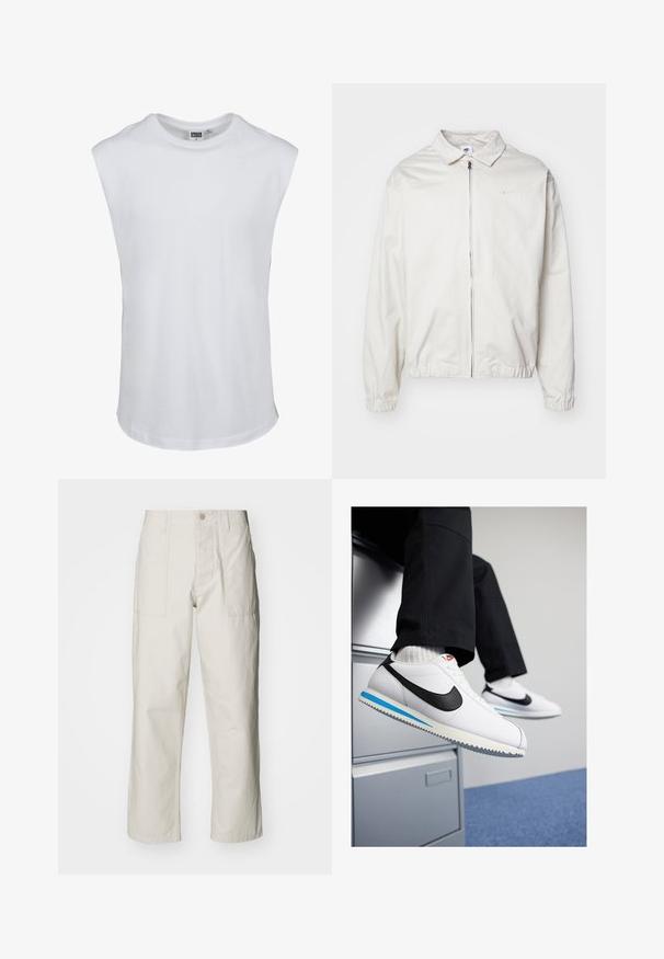 Hvit, lett Nike-jakke med kragehals, glidelås foran, elastiske mansjetter og en liten logo på venstre bryst. Glatt tekstur.; Hvit ermeløs t-skjorte laget av bomull. Glatt tekstur med rund hals og rett underkant. Ingen grafikk eller ekstra detaljer.; Lyse beige vide bukser laget av bomull. Har frontlommer og knappelukking. Jevn tekstur med subtile vertikale linjer.; Hvite lær sneakers med en svart Nike swoosh, lys blå og grå gummisåle, og klassisk snøring. Føttene hviler på et arkivskap.