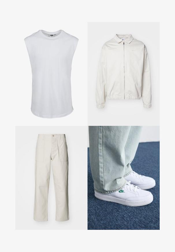 Witte, lichte Nike-jack met een kraag, een rits aan de voorkant, elastische manchetten en een klein logo op de linkerkant van de borst. Glad oppervlak.; Witte mouwloze t-shirt van katoen. Glad textuur met een ronde hals en een rechte zoom. Geen grafische afbeeldingen of extra details.; Lichtbeige wijde broek van katoen. Voorzien van steekzakken en een knoopsluiting. Glad textuur met subtiele verticale lijnen.; Witte leren sneakers met groen Nike-logo, ronde neus, platte zool, gedragen met lichtblauwe denim broek, weergegeven op een blauwe vloerkleed.