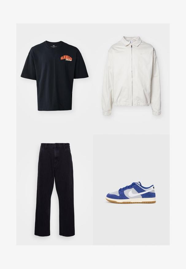 Balta, viegla Nike jaka ar apkakles kaklu, priekšējo rāvējslēdzēju, elastīgām piedurknēm un mazu logotipu kreisajā krūtī. Gluda tekstūra.; Melna kokvilnas T-krekls ar īsām piedurknēm un apaļu izgriezumu. Uz krūšu daļas ir oranžs teksts "HAWAII Aloha". Vienkāršs, brīvs piegriezums.; Melnu džinsu bikses ar taisnu kāju dizainu, ar pogu un rāvējslēdzēju, jostu cilpām un minimālu šuvju detaļām.; Zilas samta un pelēka sieta sporta apavi ar baltu Nike swoosh, apaļiem auklām, polsterētu apkaklīti un gumijas zoli. Līdzena šuvju apdare uz augšējās daļas.