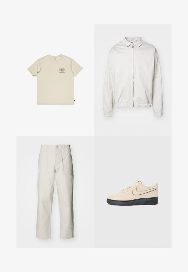 Valge, kerge Nike jakk, milles on krae, ees lukk, elastsed mansetid ja väike logo vasakul rinnal. Sile tekstuur.; Beige puuvillane T-särk, millel on rindkeres väike, mitmevärviline graafika. Ümar kaelus ja lühikesed varrukad. Lõdvestunud lõige külgmise sildiga.; Heledbeez värvi laiad püksid, mis on valmistatud puuvillast. Omavad esi-taskuid ja nupuga sulgemist. Sile tekstuur, millel on õrnad vertikaalsed jooned.; Beige südamega Nike Air Force 1 tossud musta kummitallaga, õmmeldud aktsendid, aukudega varvas ja silmapaistev swoosh logo.