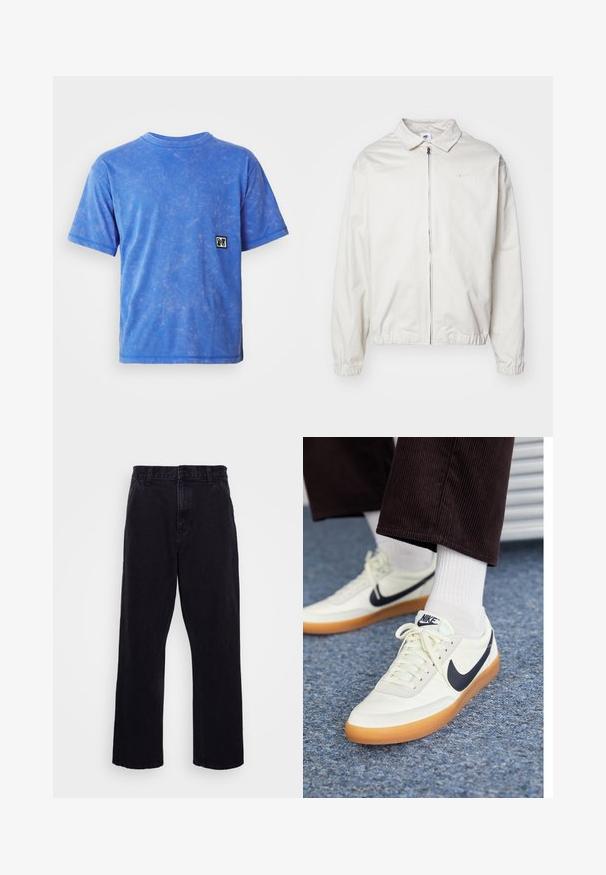 Vit, lättvikts Nike-jacka med krage, dragkedja framtill, elastiska ärmslut och en liten logotyp på vänster bröst. Slät textur.; Blå kortärmad T-shirt i mjukt tyg, med en blekt textur och en liten svartvit logotyp på vänster bröst.; Svarta denimbyxor med rak ben-design, med knapp- och dragkedjestängning, bältesöglor och minimala sömdetaljer.; Nike-sneakers i vitt läder med en marinblå swoosh, med en sula i gummigummi och vita snören, kombinerat med vita strumpor och mörka manchesterbyxor.