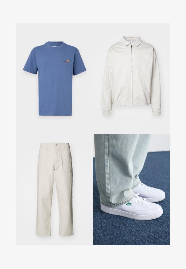 Giacca Nike bianca, leggera, con colletto, zip frontale, polsini elasticizzati e un piccolo logo sul lato sinistro del petto. Texture liscia.; T-shirt in cotone blu con scollo rotondo. Presenta un piccolo logo Carhartt rosso e giallo sul lato sinistro del petto. Maniche corte, orlo dritto.; Pantaloni a gamba larga beige chiaro in cotone. Presentano tasche frontali e chiusura con bottone. Tessuto liscio con sottili linee verticali.; Sneakers in pelle bianca con logo Nike verde, punta rotonda, suola piatta, abbinati a pantaloni in denim azzurro, mostrati su un tappeto blu.