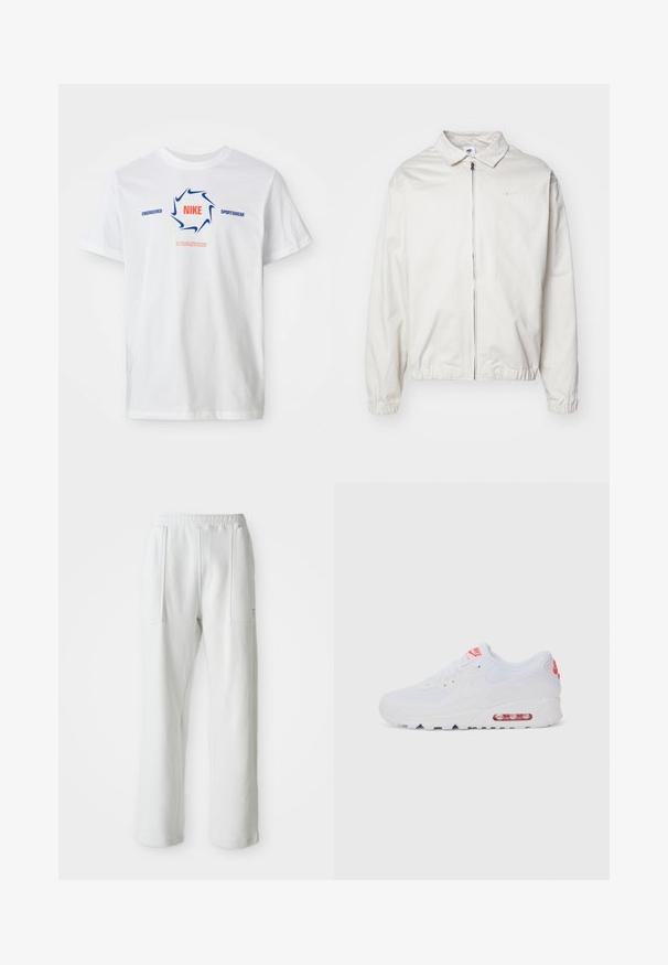 Bílá, lehká bunda Nike s límečkem, předním zipem, elastickými manžetami a malým logem na levé hrudi. Hladký povrch.; Bílý krátký rukáv Nike tričko s modrým zakřiveným logem a červeným textem "NIKE", plus modrým nápisem "ENGINEERED SPORTSWEAR" a malým červeným sloganem níže.; Bílé volné kalhoty s elastickým pasem a velkými předními kapsami, vystavené na jednoduchém světlém pozadí.; Bílé sportovní tenisky s hladkým svrškem, šněrováním, polstrovanou podrážkou a viditelnou vzduchovou jednotkou s červenými akcenty na značce.