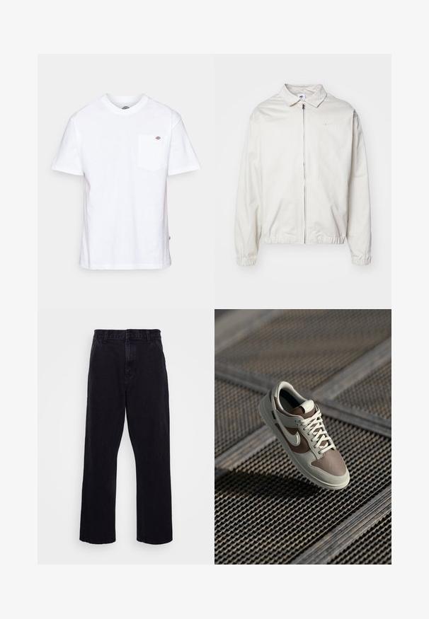 Bílá, lehká bunda Nike s límečkem, předním zipem, elastickými manžetami a malým logem na levé hrudi. Hladký povrch.; Bílý bavlněný tričko s kulatým výstřihem, krátkými rukávy a náprsní kapsou, na které se nachází malé logo značky na levé straně.; Černé denimové kalhoty s rovnými nohavicemi, které mají zapínání na knoflík a zip, poutka na pásek a minimální detaily šití.; Nike teniska s béžovým a hnědým koženým svrškem, bílými tkaničkami, perforovanou špičkou a gumovou podrážkou s texturovaným gripem.