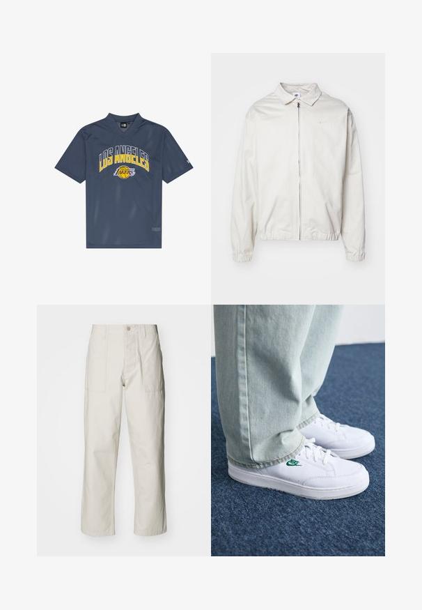 Casaco Nike branco e leve, com gola, fecho frontal, punhos elásticos e um pequeno logótipo no lado esquerdo do peito. Textura suave.; Camisola de malha cinza de mangas curtas com decote em V. Apresenta "LOS ANGELES" em texto amarelo e cinza, e um logótipo dos Lakers com um gráfico de basquetebol.; Calças largas em bege claro, feitas de algodão. Apresentam bolsos frontais e fecho com botão. Textura suave com linhas verticais subtis.; Tênis de couro brancos com logo verde da Nike, bico redondo, sola plana, combinados com calças de denim azul claro, exibidos sobre um tapete azul.