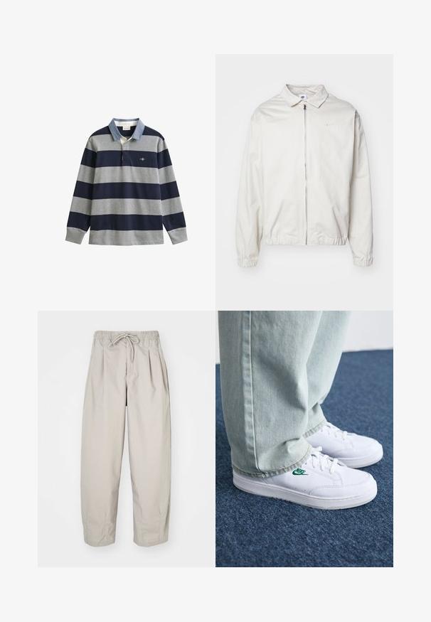 Jachetă Nike albă, ușoară, cu guler, fermoar frontal, manșete elastice și un logo mic pe pieptul stâng. Textură netedă.; Tricou polo cu mâneci lungi, cu dungi bleumarin și gri, guler bleu deschis și un logo pe piept. Material bumbac cu textură moale.; Pantaloni bej, ușori, cu talie elastică și șnur. Prezintă pliseuri și o croială lejeră, realizată dintr-un material moale și neted.; Adidași din piele albă cu logo-ul Nike verde, vârf rotund, talpă plată, asortați cu pantaloni din denim bleu deschis, prezentați pe un covor albastru.