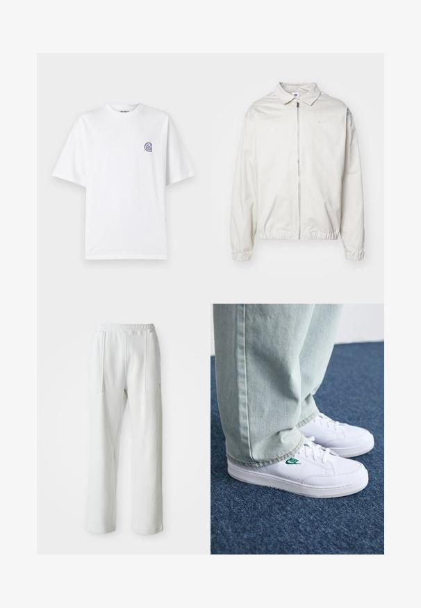 White, lightweight Nike jacket with a collared neckline, front zipper, elastic cuffs, and a small logo on the left chest. Smooth texture.; White cotton t-shirt with a crew neckline and short sleeves. Features a small blue logo on the left chest. Smooth texture.; White casual pants with an elastic waistband and large front patch pockets, displayed on a plain light background.; White leather sneakers with green Nike logo, round toe, flat sole, paired with light blue denim pants, shown on a blue carpet.