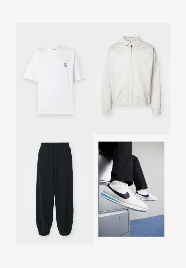 Bela, lahka Nike jakna z ovratnikom, sprednjim zadrgo, elastičnimi manšetami in majhnim logotipom na levem prsnem delu. Gladka tekstura.; Bela bombažna majica s krojem okoli vratu in kratkimi rokavi. Na levem prsnem delu ima majhen modri logotip. Gladka tekstura.; Črne, elastične hlače za prosti čas z ohlapnim krojem, manšetami na gležnjih, gladko teksturo in brez vidnih vzorcev ali dodatkov.; Bele usnjene teniske z črnim Nikeovim simbolom, svetlo modrim in sivo gumijastim podplatom ter klasičnim vezalnim dizajnom. Noge so poležane na omarici za dokumente.