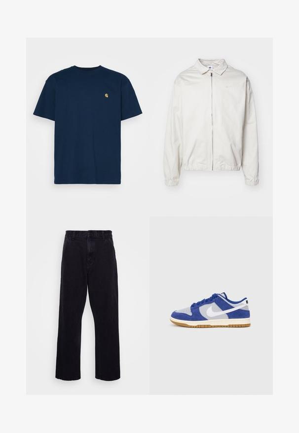 Valkoinen, kevyt Nike-takki, jossa on kauluksellinen kaula-aukko, etuvetoketju, joustavat hihansuut ja pieni logo vasemmalla rinnalla. Sujuva pinta.; Carhartt WIP CHASE - T-paita - mizar/gold; Mustat farkut suoran lahkeiden muotoilulla, jossa on nappi- ja vetoketjukiinnitys, vyölenkit ja vähäiset ompeluyksityiskohdat.; Sininen mokkanahka ja harmaa verkkomateriaali sneaker, jossa on valkoinen Nike-swoosh, pyöreät nauhat, pehmustettu varsi ja kuminen pohja. Tasainen ommeltu yksityiskohta päällisessä.