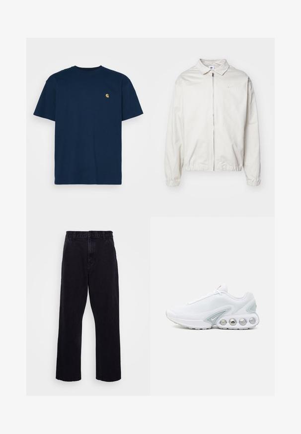 Bílá, lehká bunda Nike s límečkem, předním zipem, elastickými manžetami a malým logem na levé hrudi. Hladký povrch.; Carhartt WIP CHASE - Jednoduché tričko - mizar/gold; Černé denimové kalhoty s rovnými nohavicemi, které mají zapínání na knoflík a zip, poutka na pásek a minimální detaily šití.; Bílé síťované tenisky s šedými akcenty, zaoblenou špičkou a viditelnou vycpanou podrážkou s kruhovými vzduchovými kapsami a značkovým detailem.