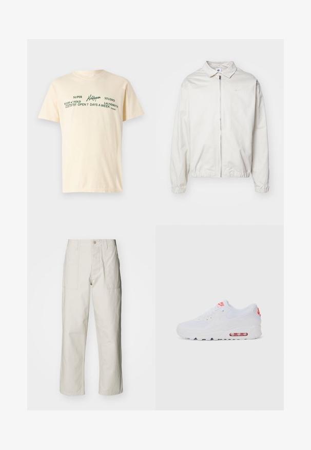 Hvid, letvægts Nike-jakke med kravehals, lynlås foran, elastiske ærmer og et lille logo på venstre bryst. Glat tekstur.; Cremefarvet bomulds t-shirt med korte ærmer og grøn tekst, der står "KidSuper," "Super Fluff n' Fold," samt vaskeanvisninger.; Lysebeige brede bukser lavet af bomuld. Har forlommer og en knaplukning. Glat tekstur med subtile lodrette linjer.; Hvide atletiske sneakers med en glat overdel, snørebåndslukning, polstret sål og en synlig luftenhed med røde akcenter på brandingen.