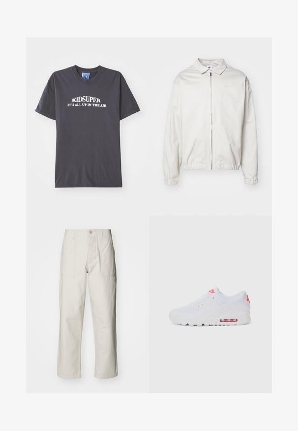 White, lightweight Nike jacket with a collared neckline, front zipper, elastic cuffs, and a small logo on the left chest. Smooth texture.; Black cotton t-shirt featuring the text "KIDSUPER IT’S ALL UP IN THE AIR" in white, with a crew neck and short sleeves.; Light beige wide-leg pants made of cotton. Features front pockets and a button closure. Smooth texture with subtle vertical lines.; White athletic sneaker featuring a smooth upper, lace closure, cushioned sole, and a visible air unit with red accents on the branding.