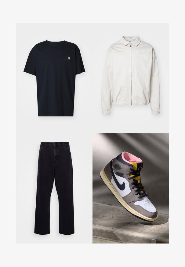 Biela, ľahká bunda Nike s golierom, predným zipsom, elastickými manžetami a malým logom na ľavej strane hrudníka. Hladká textúra.; Carhartt WIP AMERICAN SCRIPT - Základné tričko - air force blue; Čierne džínsy s rovného strihu, ktoré majú zapínanie na gombík a zips, pútka na opasok a minimálne švy.; Biele, šedé a čierne vysoké tenisky Nike Air Jordan s ružovým interiérom a žltým jazykom, umiestnené na betónovom povrchu.