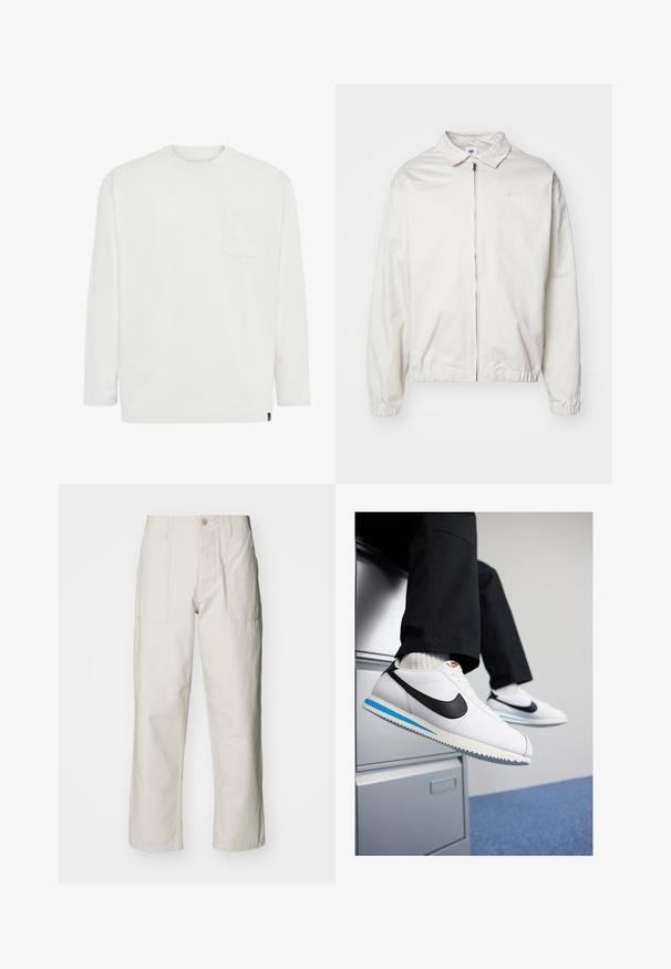 Biela, ľahká bunda Nike s golierom, predným zipsom, elastickými manžetami a malým logom na ľavej strane hrudníka. Hladká textúra.; Boggi Milano Top s dlhým rukávom - white; Svetlosivé široké nohavice vyrobené z bavlny. Majú predné vrecká a zapínanie na gombík. Hladká textúra so subtílnymi vertikálnymi pruhmi.; Biele kožené tenisky s čiernym logom Nike, svetlomodrou a šedou gumovou podrážkou a klasickým šnurovacím dizajnom. Nohy položené na fileciante.