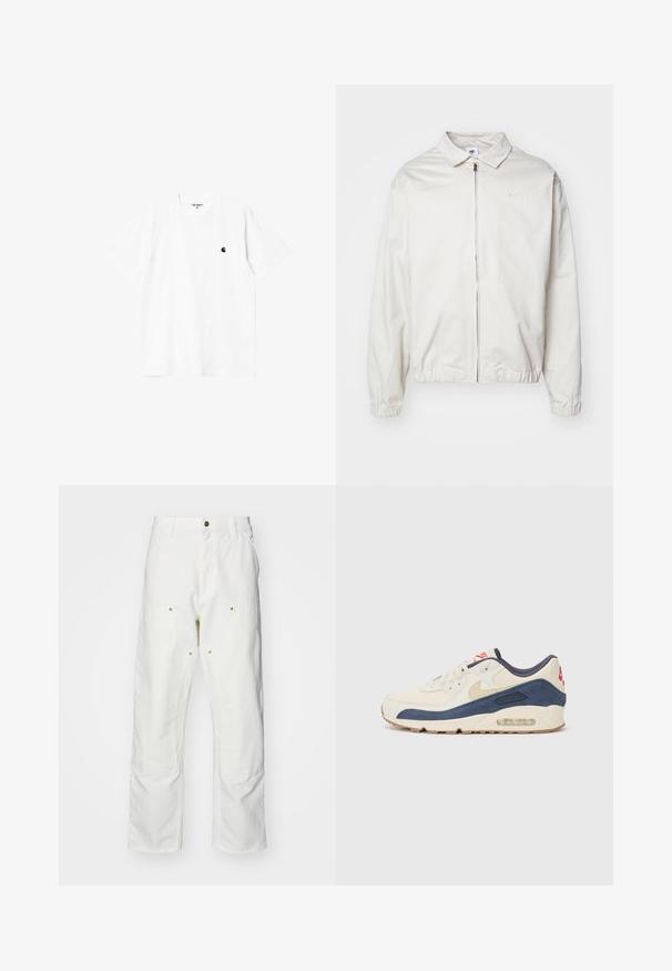Bela, lahka Nike jakna z ovratnikom, sprednjim zadrgo, elastičnimi manšetami in majhnim logotipom na levem prsnem delu. Gladka tekstura.; Bela bombažna majica s kratkimi rokavi, okroglim ovratnikom in majhnim črnim logotipom na levi prsni strani. Mehka tekstura in standardni kroj.; Bela bombažna cargo hlače z udobnim krojem. Značilnosti vključujejo sprednje žepe, zlato poudarjeno kovinsko opremo in ojačane kolenske dele.; Tenisice z zgornjim delom iz krem usnja in mornarsko modrega semiša, s prozornim zračnim podplatom, bež gumijastim podplatom in rdečim poudarkom na peti.