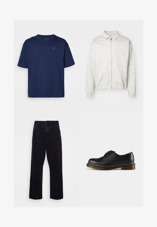 Biała, lekka kurtka Nike z kołnierzykiem, zamek błyskawiczny z przodu, elastycznymi mankietami oraz małym logo na lewej piersi. Gładka faktura.; Granatowa koszulka bawełniana z okrągłym dekoltem, krótkimi rękawami i małym, tonowanym logo na piersi. Luźny krój, gładka faktura.; Czarne dżinsowe spodnie o prostym kroju, z zapięciem na guzik i zamek błyskawiczny, szlufkami na pasek oraz minimalnymi detalami w szwach.; Czarna skórzana półbut z okrągłym noskiem, wiązany, z żółtym przeszyciem wzdłuż podeszwy i masywną, teksturowaną gumową podeszwą.