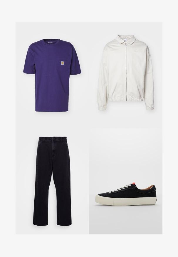 White, lightweight Nike jacket with a collared neckline, front zipper, elastic cuffs, and a small logo on the left chest. Smooth texture.; Carhartt WIP POCKET - Basic T-shirt - aura; Black denim trousers with a straight leg design, featuring a button and zip closure, belt loops, and minimal stitching details.; Black fabric sneaker with white laces, beige rubber sole, and red accent at the heel. Rounded toe and minimal stitching detail.