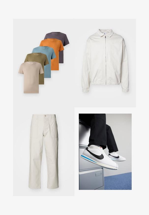 Bijela, lagana Nike jakna s ovratnikom, prednjim patentnim zatvaračem, elastičnim rukavima i malim logom na lijevoj strani prsa. Glatka tekstura.; Pet t-majica s okruglim izrezom prikazane u nizu, u bojama bež, maslinasto zelenoj, svijetloplavoj, narančastoj i tamnoplavoj. Glatka tekstura tkanine.; Svijetlosmeđe široke hlače od pamuka. Imaju prednje džepove i kopčanje na dugme. Glatka tekstura s suptilnim vertikalnim linijama.; Bijele kožne tenisice s crnim Nike logotipom, svijetloplavi i sivi gumeni potplat te klasičan dizajn vezanja. Noge su naslonjene na ormar.