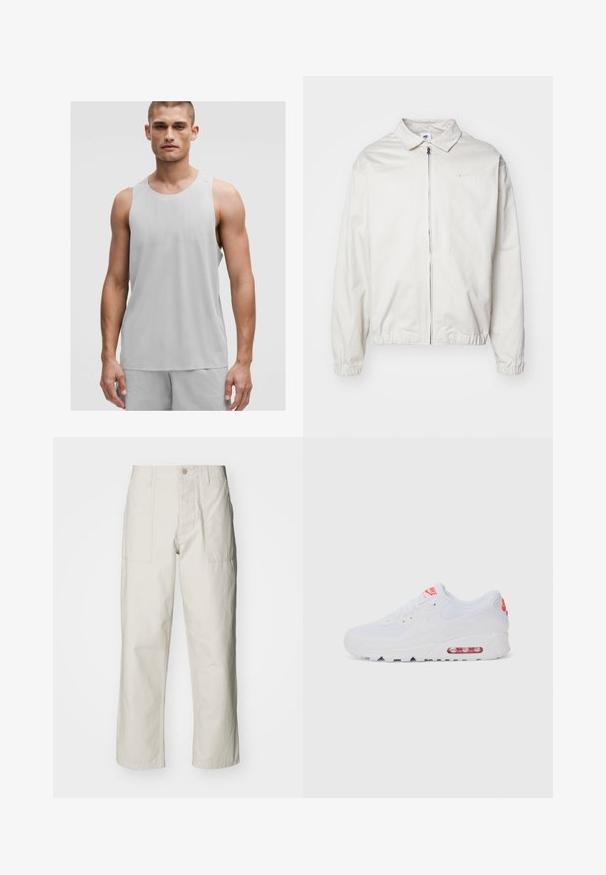 Hvid, letvægts Nike-jakke med kravehals, lynlås foran, elastiske ærmer og et lille logo på venstre bryst. Glat tekstur.; Lys grå atletisk tanktop med rund halsudskæring og ærmeløs design, lavet af et åndbart materiale med subtile teksturdetaljer.; Lysebeige brede bukser lavet af bomuld. Har forlommer og en knaplukning. Glat tekstur med subtile lodrette linjer.; Hvide atletiske sneakers med en glat overdel, snørebåndslukning, polstret sål og en synlig luftenhed med røde akcenter på brandingen.
