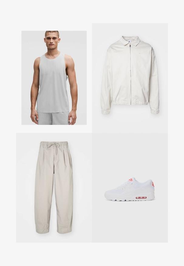 Bela, lahka Nike jakna z ovratnikom, sprednjim zadrgo, elastičnimi manšetami in majhnim logotipom na levem prsnem delu. Gladka tekstura.; Svetlo siva športna majica brez rokavov z okroglim izrezom, izdelana iz zračnega materiala z blagimi teksturnimi podrobnostmi.; Bež hlače iz lahkega materiala z elastičnim pasom in vrvico. Imajo gube in ohlapen kroj, izdelane so iz mehkega, gladkega blaga.; Beli atletski športni copat, ki ima gladko zgornje ploščo, zapiranje na vezalka, oblazinjen podplat in vidno zračno enoto z rdečimi poudarki na blagovni znamki.