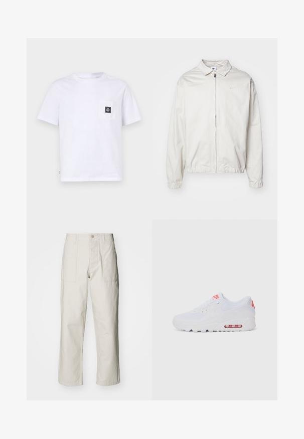 Weiße, leichte Nike-Jacke mit kragenförmigem Ausschnitt, Reißverschluss vorne, elastischen Bündchen und einem kleinen Logo auf der linken Brust. Glatte Textur.; Weißes T-Shirt mit kurzen Ärmeln aus Baumwolle, ausgestattet mit einer Brusttasche und einem schwarzen Etikett. Einfaches Design und reguläre Passform.; Helle beige weit geschnittene Hose aus Baumwolle. Verfügt über Fronttaschen und einen Knopfverschluss. Glatte Textur mit dezenten vertikalen Streifen.; Weiße Sportsneaker mit einem glatten Obermaterial, Schnürverschluss, gepolsterter Sohle und einem sichtbaren Luftpolster mit roten Akzenten im Branding.