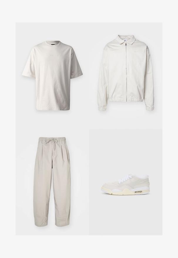 Casaco Nike branco e leve, com gola, fecho frontal, punhos elásticos e um pequeno logótipo no lado esquerdo do peito. Textura suave.; Oakley SOHO TEE - T-shirt básica - lunar rock; Calças leves, bege, com cintura elástica e cordão. Apresenta pregas e um corte largo, confeccionadas em tecido suave e liso.; Sapatilhas com um cabedal sintético beije claro, atacadores brancos e amortecimento visível. Apresentam uma sola suave e detalhes discretos nas laterais.