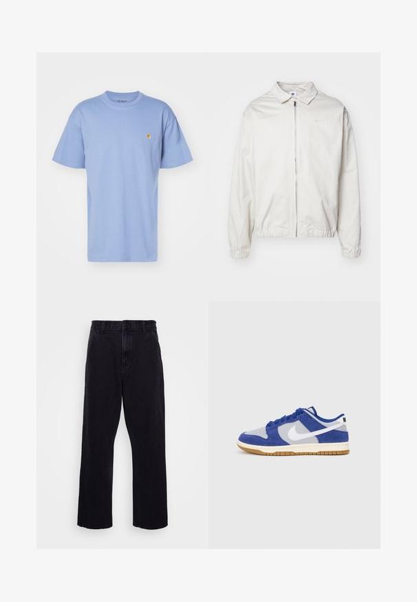 White, lightweight Nike jacket with a collared neckline, front zipper, elastic cuffs, and a small logo on the left chest. Smooth texture.; Light blue cotton t-shirt with a round neck and short sleeves. Features a small yellow logo on the left chest. Soft texture, regular fit.; Black denim trousers with a straight leg design, featuring a button and zip closure, belt loops, and minimal stitching details.; Blue suede and gray mesh sneaker with white Nike swoosh, round laces, padded collar, and rubber gum sole. Flat stitching detail on upper.