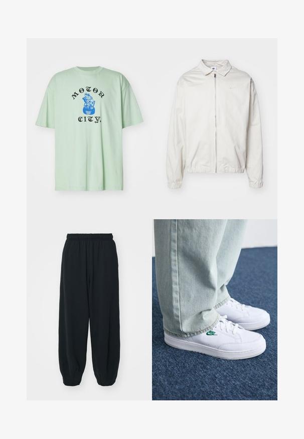 Valge, kerge Nike jakk, milles on krae, ees lukk, elastsed mansetid ja väike logo vasakul rinnal. Sile tekstuur.; Carhartt WIP TYRE - Trükipildiga T-särk - charm green; Mustade elastse vöökoha ja laia lõikega dressipüksid, mansetiga sääred, sile tekstuur ning ilma nähtavate mustrite või detailideta.; Valged nahast tennisetossud rohelise Nike logo ja ümarate varvastega, lamedate taldadega, koos helesiniste teksapükstega, esitatud sinisel vaibal.